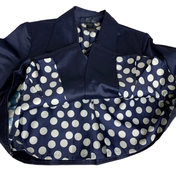 Forever 21 Navy Blue Satin Crop Jacket Polka Dot Lined Jumbo Button Machine Wash - Picture 8 of 9